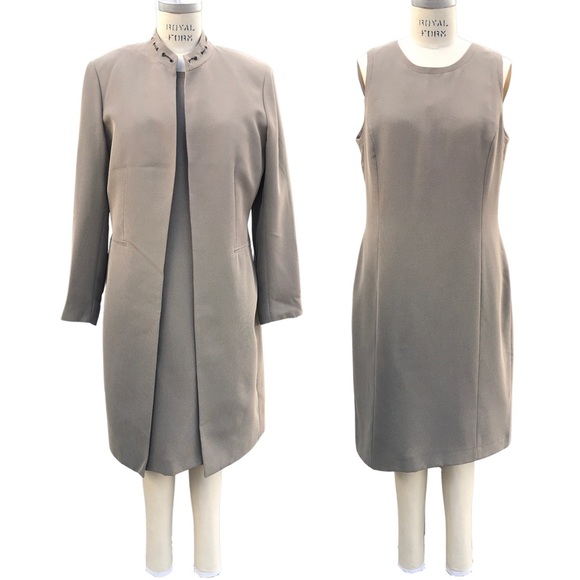 Kasper Petite Beige Mesh Sheath Dress and Long Open Jacket Suit Set Sz 10P - Picture 1 of 8